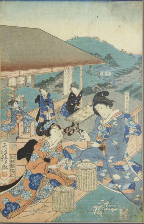 Utagawa Fusatane (act.1850-1870) Silk Production: c. 1860's, Edo period. Oban woodblock print. Ink and color on paper. Left print of a triptych on beauties engaged in the tradional activity of raising silk worms. Two women are shown in the foreground