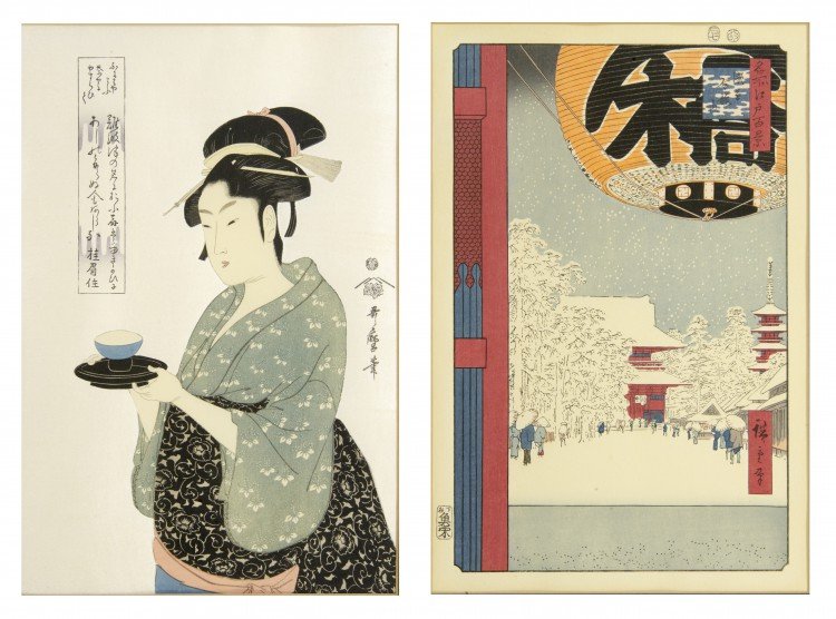 Ando Hiroshige & Kitagawa Utamaro Reprints: Two oban woodblock reprints, ink and color on paper. The first originally by Ando Hiroshige (1797-1858) from the series One Hundred Famous Views of Edo (Meisho Edo Hyakkei), this print is Kinruyzan te