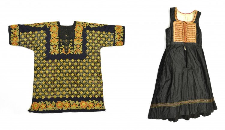 A Lot of Two Embroidered Garments: A Lot of Two Embroidered Garments, possibly Turkish and Persian, including a black dress embroidered with red and white thread, the other garment being a floral embroidered blouse with one cloth cover