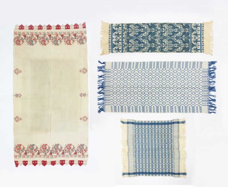 A Lot of Four Turkish Embroidered Cotton Fabrics: A Lot of Four Turkish Embroidered Cotton Fabrics, of varying sizes, with red, blue and white embroidery threads, the largest approx. 111 3/4 by 62 1/4 cm, 44 by 24 1/2 in.