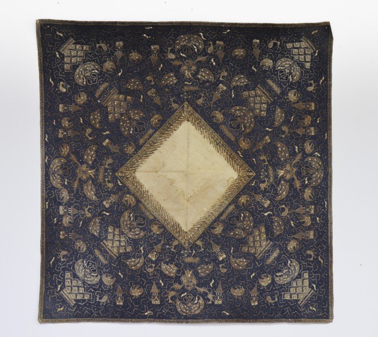 An Indonesian Batik with an Ivory Diamond Center: An Indonesian Batik with an Ivory Diamond Center, the central diamond surrounded by an abstract pattern and border, with indigo, brown and ivory dyes, with light staining, approx. 102 3/4 by 100 1/4 c
