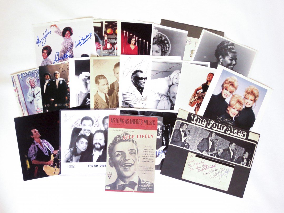 A Collection of Autographs of Musicians: Including Mick Jagger, Pearl Bailey, Sonny Bono and Cher, The Crests, Diana Ross and the Supremes (1967), Ray Charles, The Fifth Dimension, Peter Paul & Mary, Pink, Melissa Etheridge, Herb Reed & The