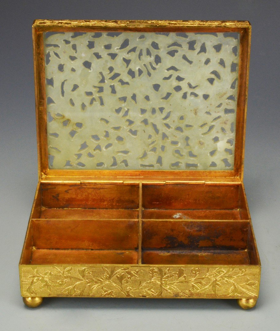 A Chinese Gilt Copper Box with Jade Plaque (1 of 8)