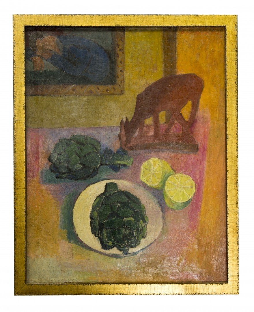 August Mosca (1909-2002) Still Life with Artichoke: Oil on canvas, framed. The painting shows a still life including cut limes, artichokes and deer figurine with a painting on the wall in the background, in a gilt wood frame. The painting approx. 27 1/