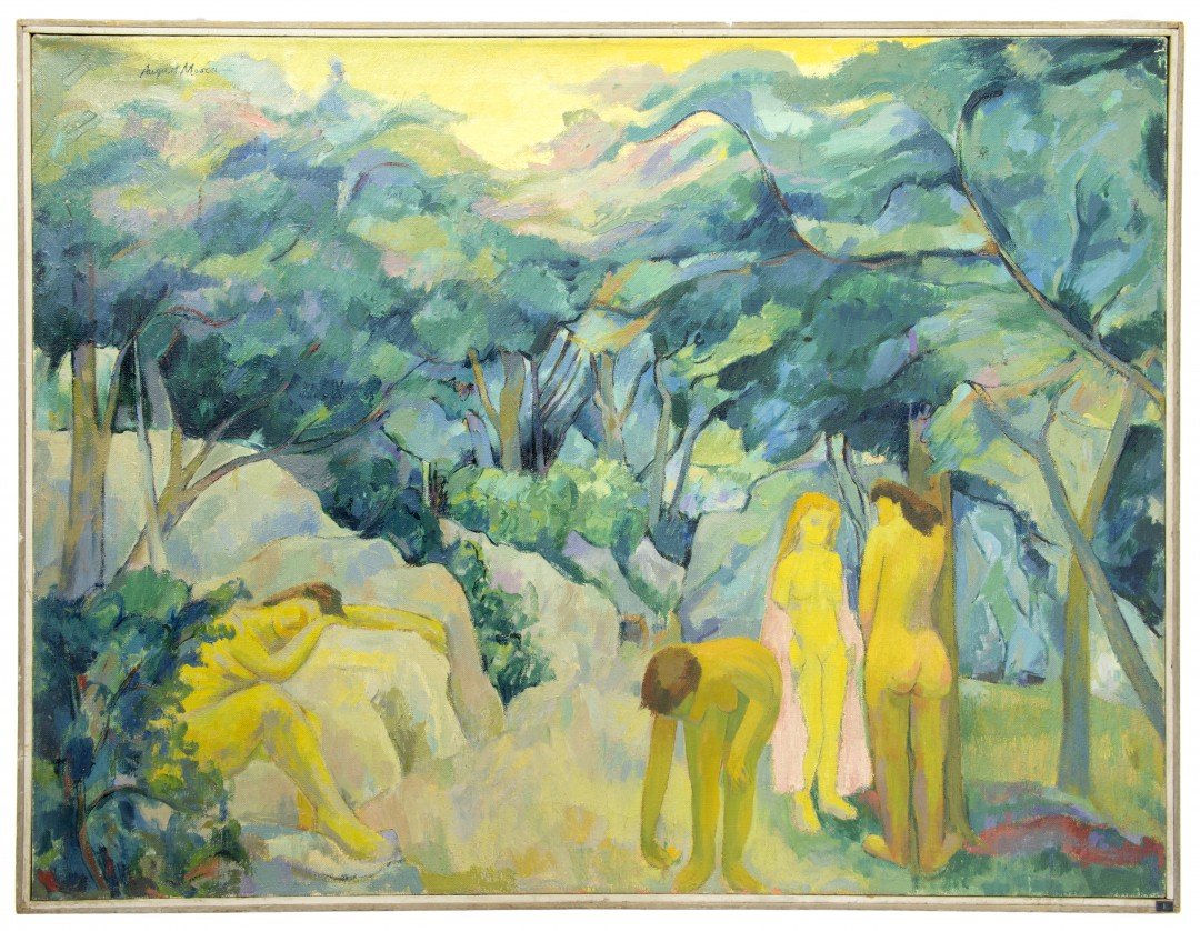 August Mosca (1909-2002), "Four Nudes in Park": Oil on canvas. The modernist painting shows four nude women in a forest with three women standing and one lounging on a large rock, signed to the upper left "August Mosca." Approx. 30 by 39 7/8 in., 7