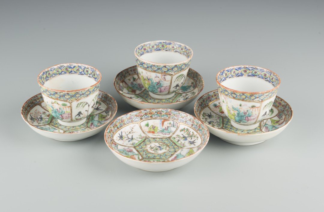 A Set of Three Chinese Famille Rose Cups & Saucers (1 of 8)