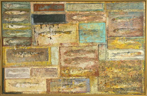 John Lees (American, 1943-), Mullets, 1975: Oil on canvas on plywood, framed. The gestural painting is sectioned into swatches of color with hard lines, some containing renditions of fish, other areas with highly textured color. Provenance: Chr