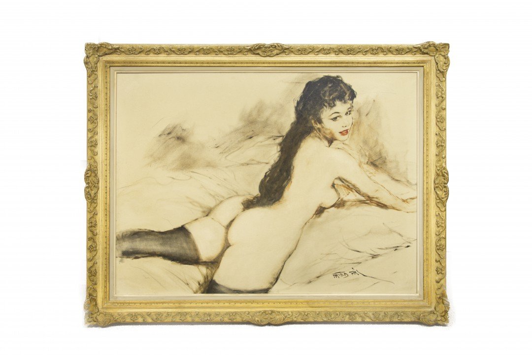 Pal Fried (Hungarian, 1893-1976) Nude: Oil on canvas, framed. The large painting shows a nude female on a bed wearing thigh high black stockings, signed "Fried Pal" to the lower right. The painting approx. 29 1/4 by 39 1/4 in., 74.5 by 99.