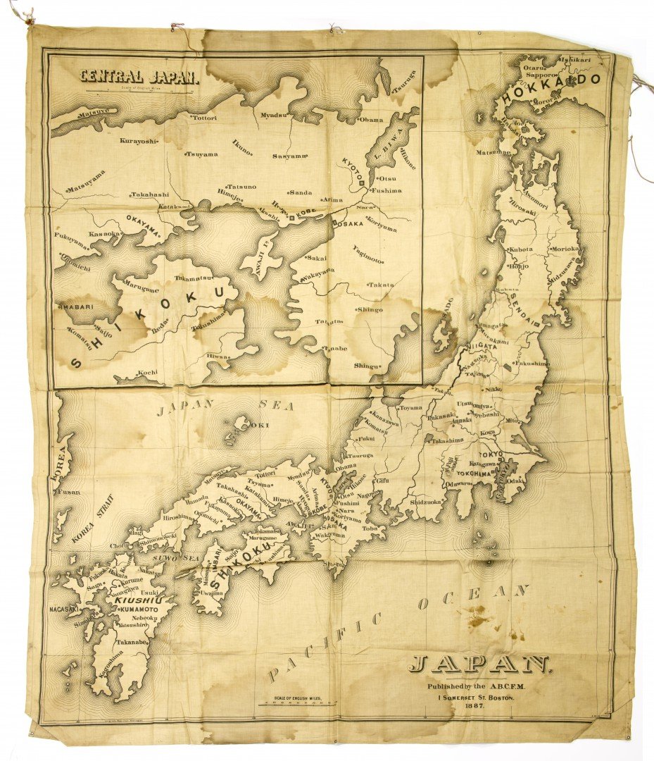 A Map of Japan Printed on Fabric: 19th century. A map of Japan with inset of Central Japan, printed on cotton, published by the American Board of Commissioners for Foreign Missions, Boston, 1887. Approx. 68 1/4 by 56 1/2 in., 174 by 1