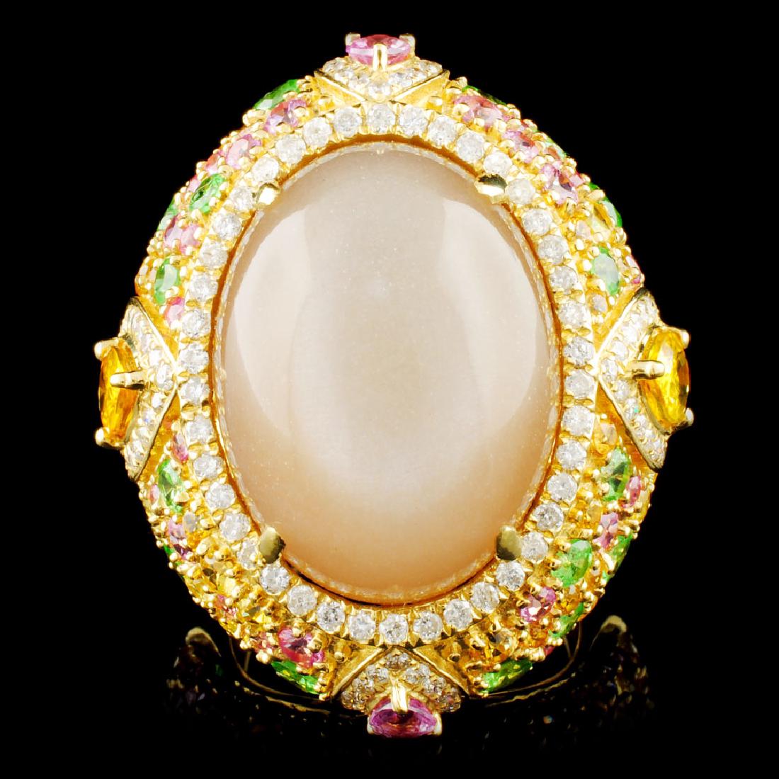 18K Gold 17.60ct Moonstone & 1.63ctw Diamond Ring: Estimated Retail Replacement Value: $11,032.00Ref: WAG6304Item no.: FA2057466012-BR6610ACOLSpecification:Gold Content: Solid 18K Yellow GoldWeight of Item: 10.70 gramsSize: 7Country Made: U.S.AMain Ge