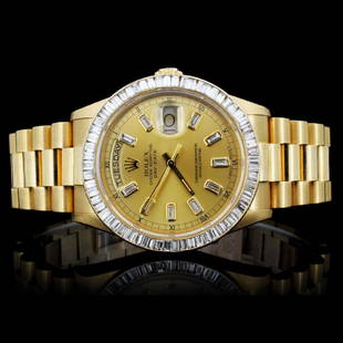 Rolex Day-Date Diamond 36mm Wristwatch: Estimated Retail Replacement Value: $77,000.00Ref: WAG56100KJItem no.: ARX0158Specification:Model: Oyster Perpetual Day-DateMovement: Perpetual, Self-WindingCase Material: 18K Yellow GoldBracelet Mate