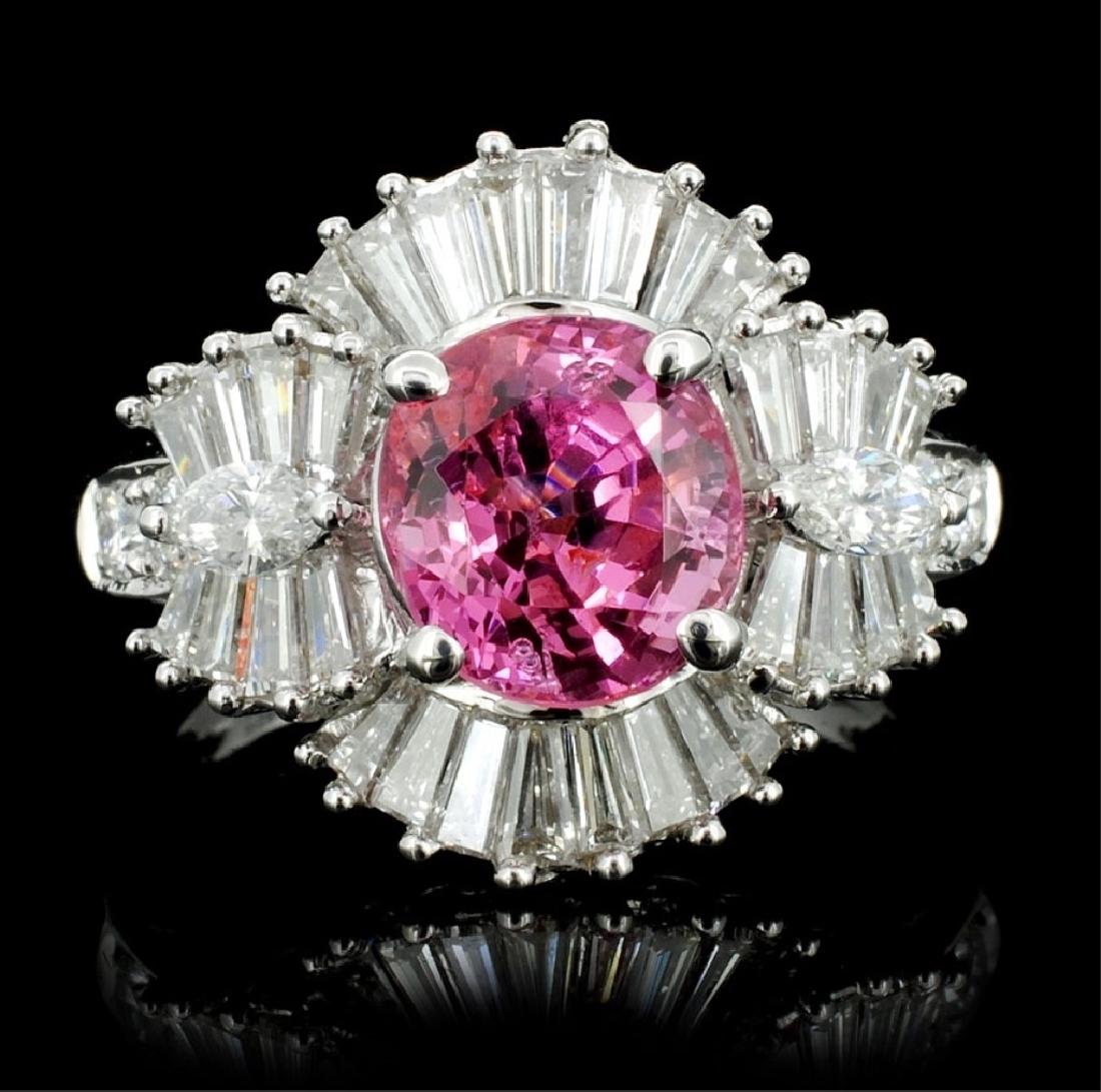 18K White Gold 2.26ct Spinel & 1.51ct Diamond Ring: Estimated Retail Replacement Value: $22,200.00Ref: WAG8880Gold Content: 18K White GoldWeight of Item: 6.0 gramsMain Gemstone: Spinel Shape: OvalWeight: 2.26 ctColor Grade: Pink Adjace