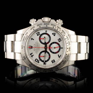 Rolex Daytona 18K White Gold Wristwatch: Estimated Retail Replacement Value: $48,775.00Ref: IRA76000Item no.: ARXU-003Specification:Model: Daytona, Case Size: 40mmMovement: Perpetual, Self-winding, Chronometer Ref; 4130Case Material: 18K Whi