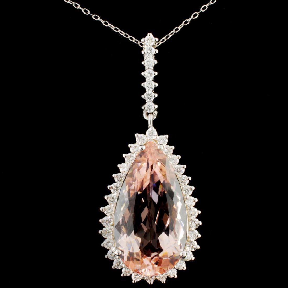 14K Gold 26.50ct Morganite & 1.34ctw Diamond Penda: Estimated Retail Replacement Value: $20,521.00 Ref: WAG11726 Item no.: LAI9023-PD Specification: Gold Content: Solid 14K White Gold Weight of Item: 9.5 grams Country Made: U.S.A. Main Gemstone: Natura