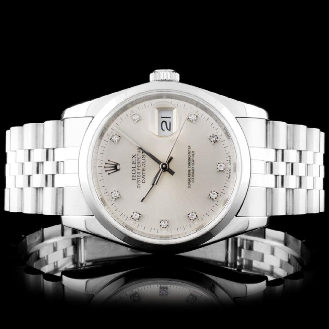 Rolex SS DateJust 36mm Silver Diamond Wristwatch: Estimated Retail Replacement Value: $13,500.00Ref: WAG14000Item No.: ARXR005Specification:Model: DateJust Oyster PerpetualMovement: Perpetual, Self Winding ChronometerFunction: Instantaneous DateCase