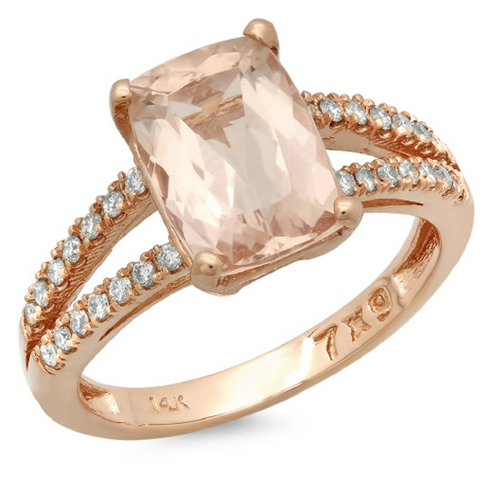 14K Gold 2.50ct Morganite & 0.25ct Diamond Ring: Estimated Retail Replacement Value: $3,850.00 Ref: BAS2200 Item no.: JR18164-78673 Specification: Gold Content: Solid 14K Rose Gold Weight of Item: 2.50 grams Country Made: U.S.A Main Gemstone: Natura