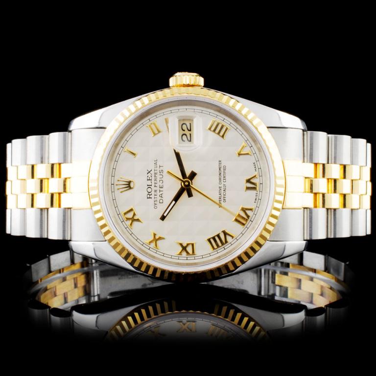 Rolex YG/SS DateJust 36mm Ivory Pyramid Wristwatch: Estimated Retail Replacement Value: $10,500.00 Ref: WAG14000 Item No.: ARXR004 Specification: Model: DateJust Oyster Perpetual Movement: Perpetual, Self Winding Chronometer Function: Instantaneous Dat