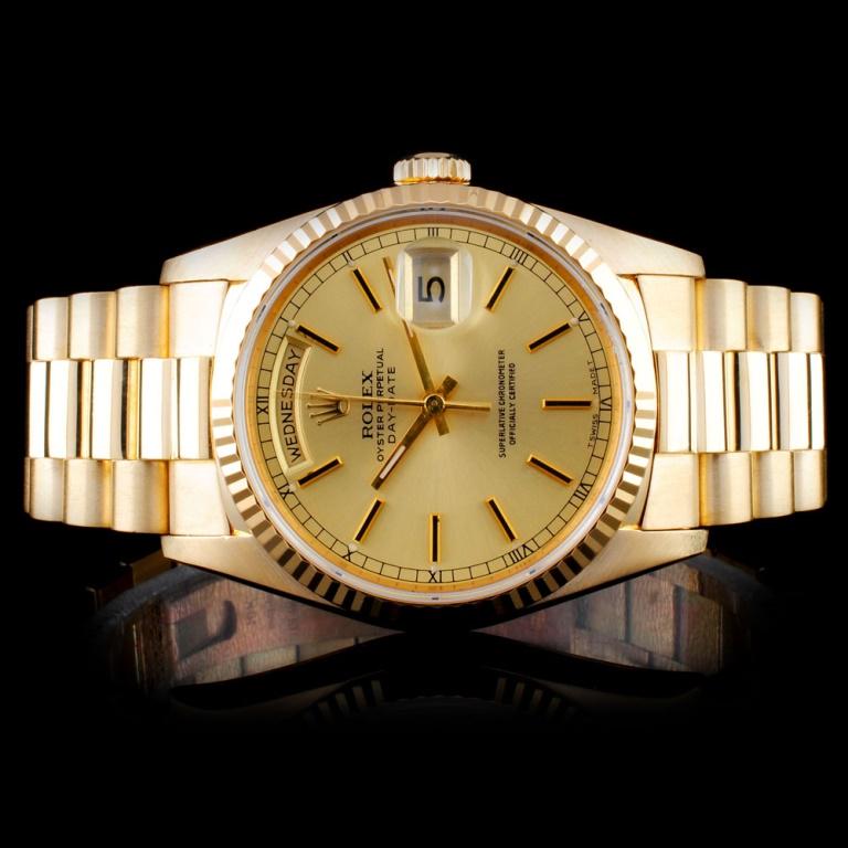Rolex 18K YG Day-Date Men's Watch: Estimated Retail Replacement Value: $42,750.00 Ref: WAG40000 Item no.: ARXI008 Specification: Model: Oyster Perpetual Day-Date Movement: Perpetual, Self Winding Case Material: 18K Yellow Gold Bracelet