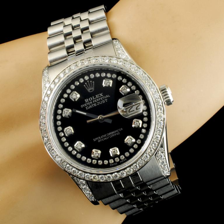 Rolex DateJust 1.50ctw Diamond 36MM Wristwatch: Ref: WAG18000 Specification: Model: DateJust Movement: Perpetual, Self Winding Function: Instantaneous Quick Set Date Case Size: 36mm Case Material: Stainless Steel & Diamonds (*Custom Set) Bracelet M