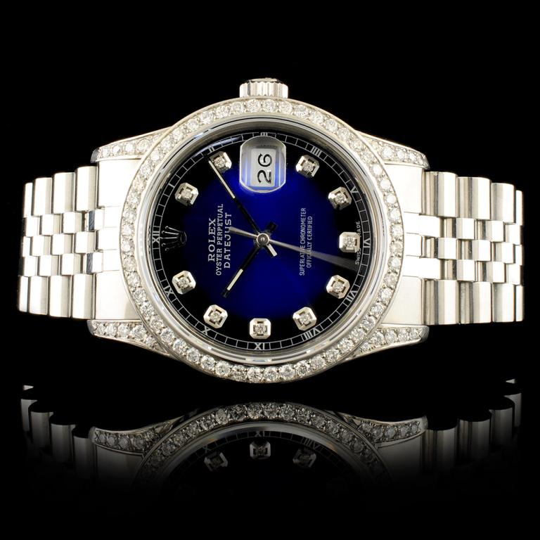 Rolex DateJust 1.50ctw Diamond 36MM Wristwatch: Ref: WAG18000 Specification: Model: DateJust Movement: Perpetual, Self Winding Function: Instantaneous Quick Set Date Case Size: 36mm Case Material: Stainless Steel & Diamond Lugs (*Custom Set) Bracel