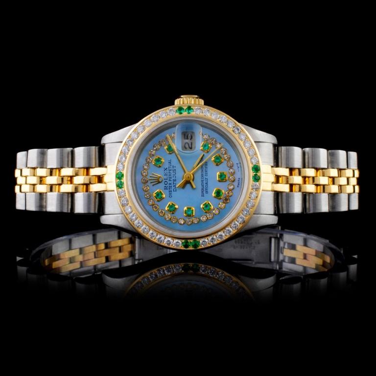 Rolex YG/SS DateJust Diamond Ladies watch: Estimated Retail Replacement Value: $24,050.00 Ref: WAG14800 Item No.: ARXA004 Specification: Model: Oyster Perpetual DateJust Movement: Perpetual, Self Winding Function: Instantaneous Date wit