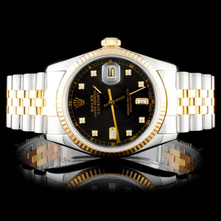 Rolex Two Tone DateJust Diamond 36MM Wristwatch: Estimated Retail Replacement Value: $12,250.00 Ref: BAS15000 Item No.: ARXM014 Specification: Model: DateJust Oyster Perpetual Movement: Perpetual, Self Winding Chronometer Function: Instantaneous Dat