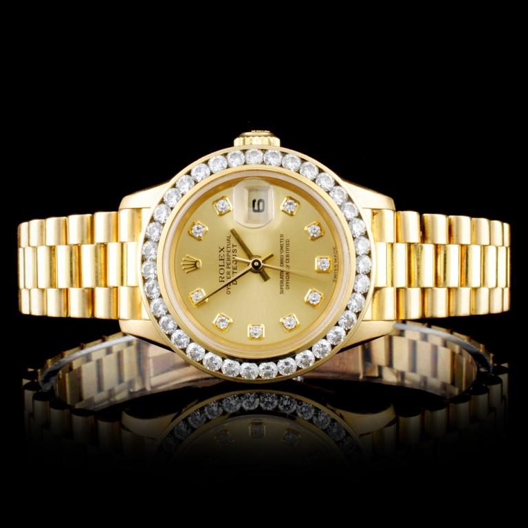 Rolex Presidential Diamond Ladies Watch: Estimated Retail Replacement Value: $35,100.00 Ref: IRA31200 Item No.: ARXU-007 Specification: Model: DateJust Presidential Movement: Perpetual, Self Winding Function: Quickset Date Case Size: 26mm Ca