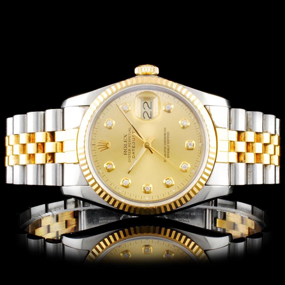 Rolex DateJust YG/SS Diamond 36mm Wristwatch: Estimated Retail Replacement Value: $11,300.00 Ref: BAS15000 Item No.: ARXY-0007 Specification: Model: DateJust Movement: Perpetual, Self Winding Function: Instantaneous Quick Set Date Case Size: 36mm