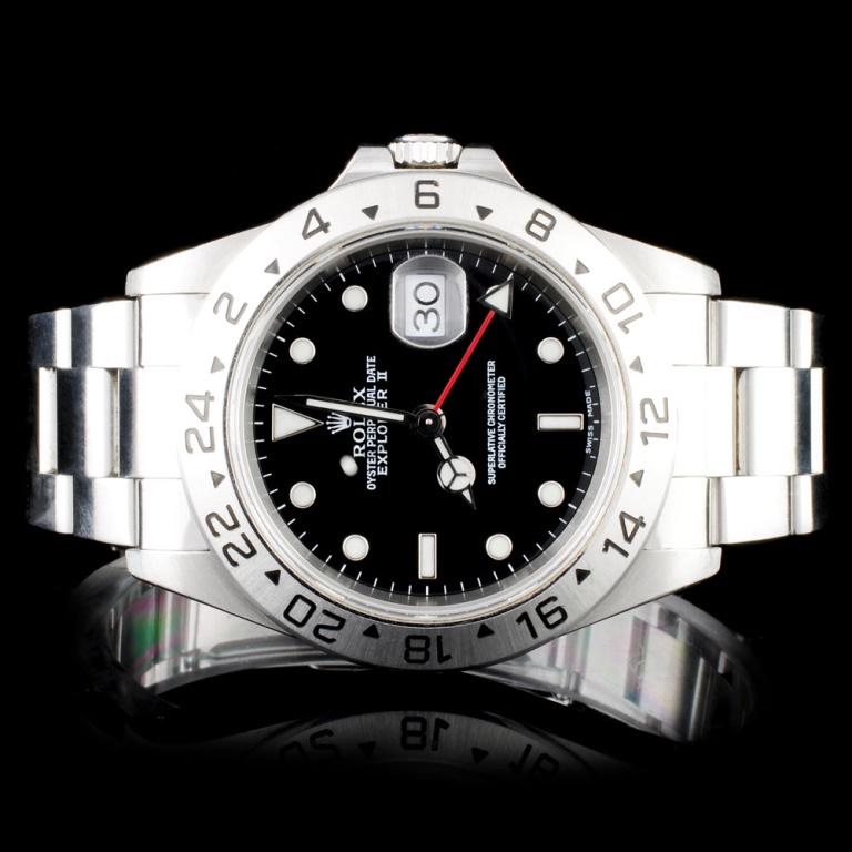 Rolex SS Explorer II Mens 40MM Wristwatch: Estimated Retail Replacement Value: $17,100.00 Ref: WAG20000 Item no.: ARXQ008 Specification: Model: Explorer II Rolex Watch Movement: Perpetual, Self-winding Case Material: Stainless Steel Bracelet M