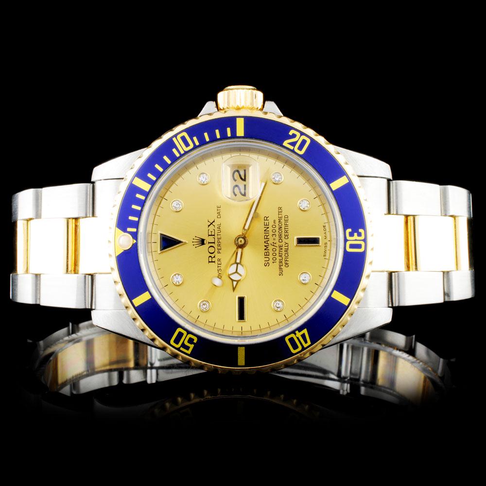 Rolex SS/YG 40MM Submariner "Serti" Wristwatch: Estimated Retail Replacement Value: $19,700.00 Ref: BAS28000 Item No.: ARXZ-0010 Specification: Model: Oyster Perpetual Submariner Movement: Perpetual, Self Winding Function: Instantaneous Date Case S