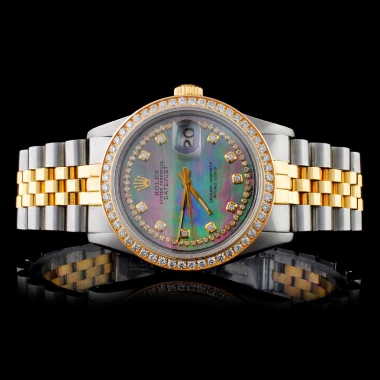 Rolex YG/SS DateJust Diamond 36MM Watch: Estimated Retail Replacement Value: $29,250.00 Ref: WAG18000 Item No.: ARXA014 Specification: Model: Oyster Perpetual DateJust Movement: Perpetual, Self Winding Function: Instantaneous Date with