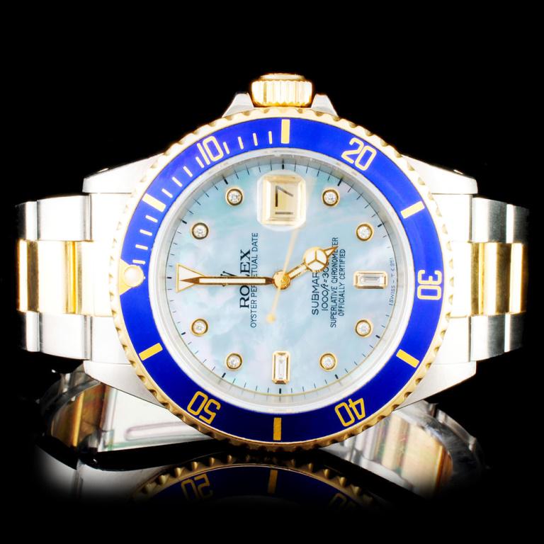 Rolex YG/SS Submariner 40mm Diamond Wristwatch: Estimated Retail Replacement Value: $21,975.00 Ref: WAG28000 Item No.: ARXR0019 Specification: Model: DateJust Oyster Perpetual Movement: Perpetual, Self Winding Chronometer Function: Instantaneous Da