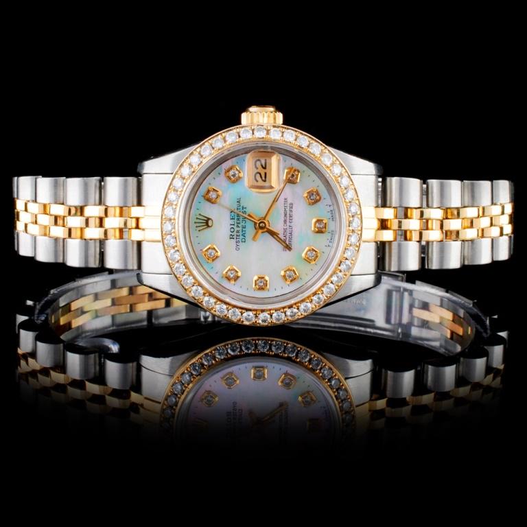 Rolex YG/SS DateJust Ladies Diamond Watch: Estimated Retail Replacement Value: $14,900.00 Ref: WAG14000 Item No.: ARXE017 Specification: Model: DateJust Oyster Perpetual Movement: Perpetual, Self Winding Function: Instantaneous Date Case Size: