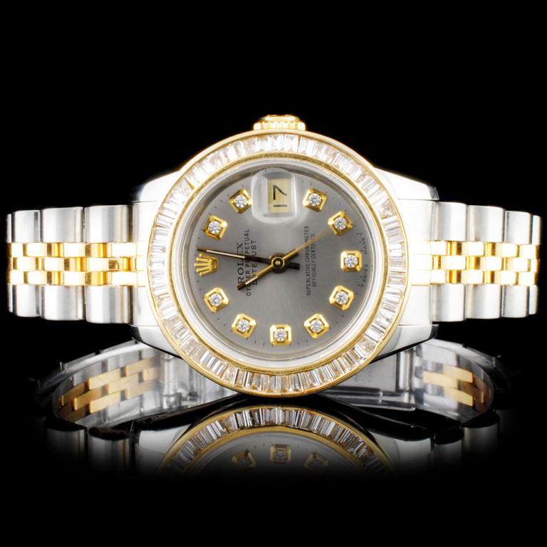 Rolex YG/SS DateJust Ladies Diamond Wristwatch: Estimated Retail Replacement Value: $19,450.00 Ref: WAG16000 Item No.: ARXR0023 Specification: Model: DateJust Oyster Perpetual Movement: Perpetual, Self Winding Chronometer Function: Instantaneous Da