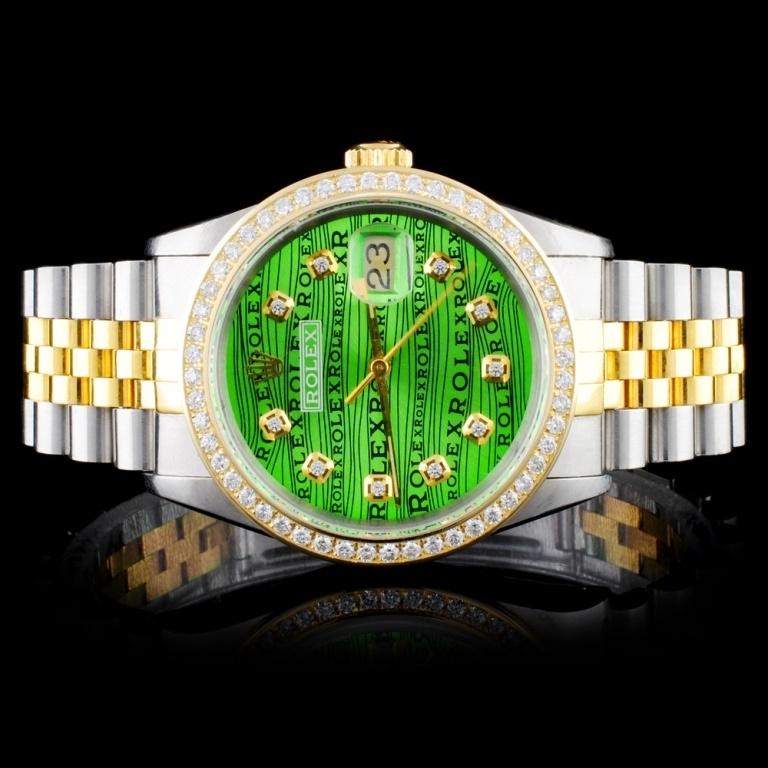 Rolex DateJust YG/SS Diamond 36mm Watch: Estimated Retail Replacement Value: $20,250.00 Ref: WAG18000 Item No.: ARXJ007 Specification: Model: DateJust Oyster Perpetual Movement: Perpetual, Self Winding Chronometer Function: Instantaneous Dat