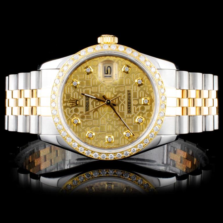 Rolex DateJust YG/SS Diamond 36mm Watch: Estimated Retail Replacement Value: $15,750.00 Ref: BAS18000 Item No.: ARXM008 Specification: Model: DateJust Oyster Perpetual Movement: Perpetual, Self Winding Chronometer Function: Instantaneous Dat