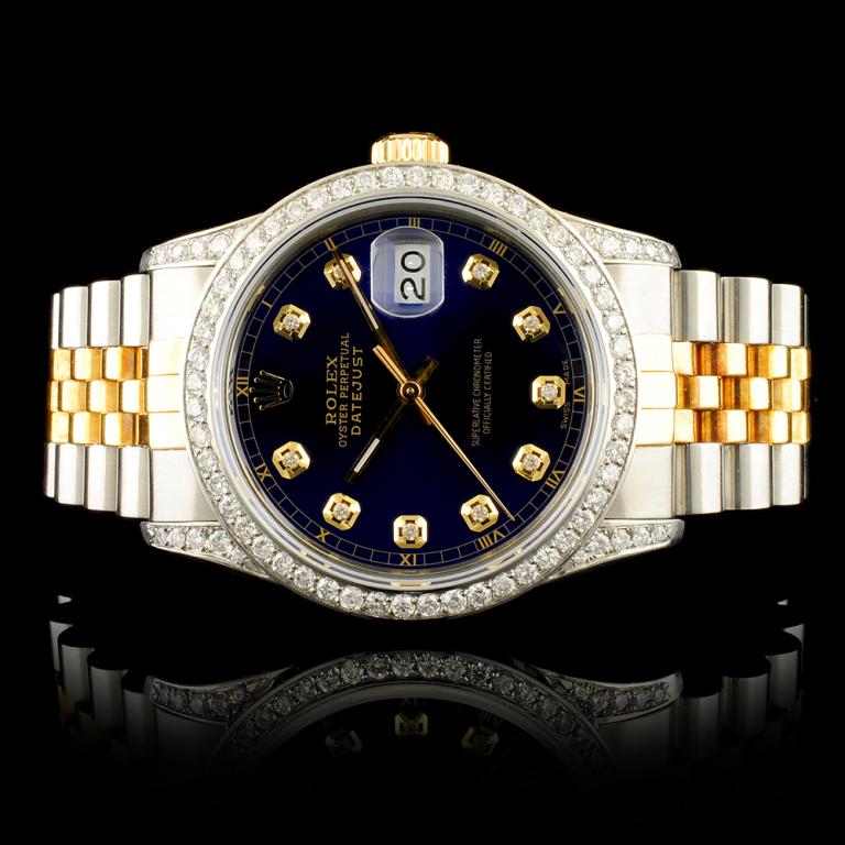 Rolex DateJust 1.50ctw Diamond 36MM Wristwatch: Ref: WAG20000 Specification: Model: DateJust Movement: Perpetual, Self Winding Function: Instantaneous Quick Set Date Case Size: 36mm Case Material: Stainless Steel & Diamond Lugs (*Custom Set) Bracel