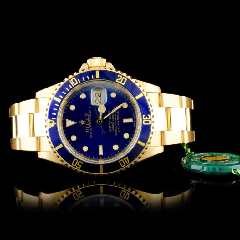 Rolex Submariner 16618 18K Gold 40mm Wristwatch: Estimated Retail Replacement Value: $43,995.00 Ref: WAG80000 Item No.: ARXAB014 Specification: Model: Submariner 16618 Movement: Perpetual, Self Winding Function: Instantaneous Date Case Size: 40mm Ca