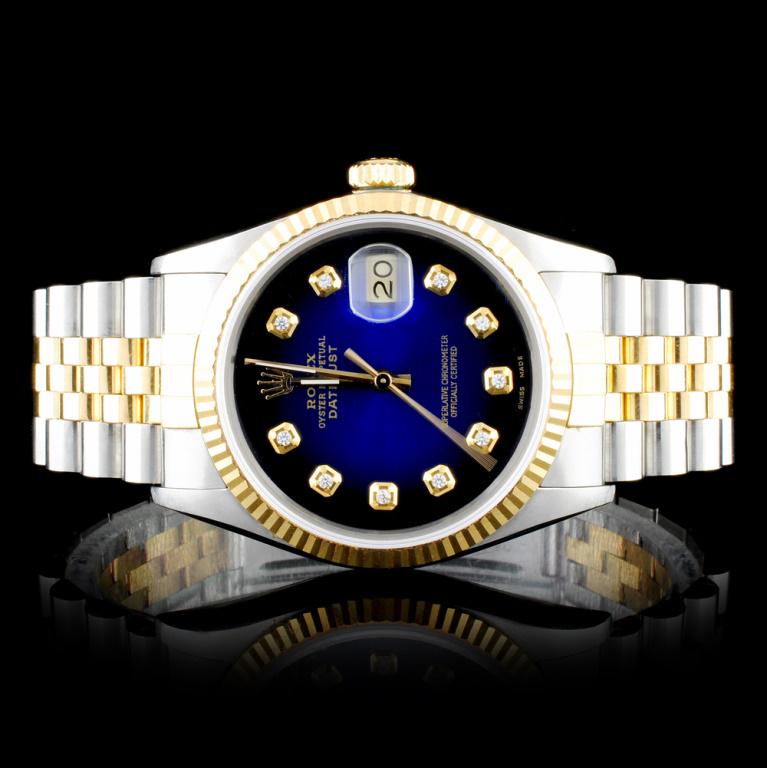 Rolex Two-Tone 36MM DateJust Diamond Wristwatch: Estimated Retail Replacement Value: $12,250.00 Ref: WAG15000 Item No.: ARXP011 Specification: Model: DateJust Oyster Perpetual Movement: Perpetual, Self Winding Chronometer Function: Instantaneous Dat