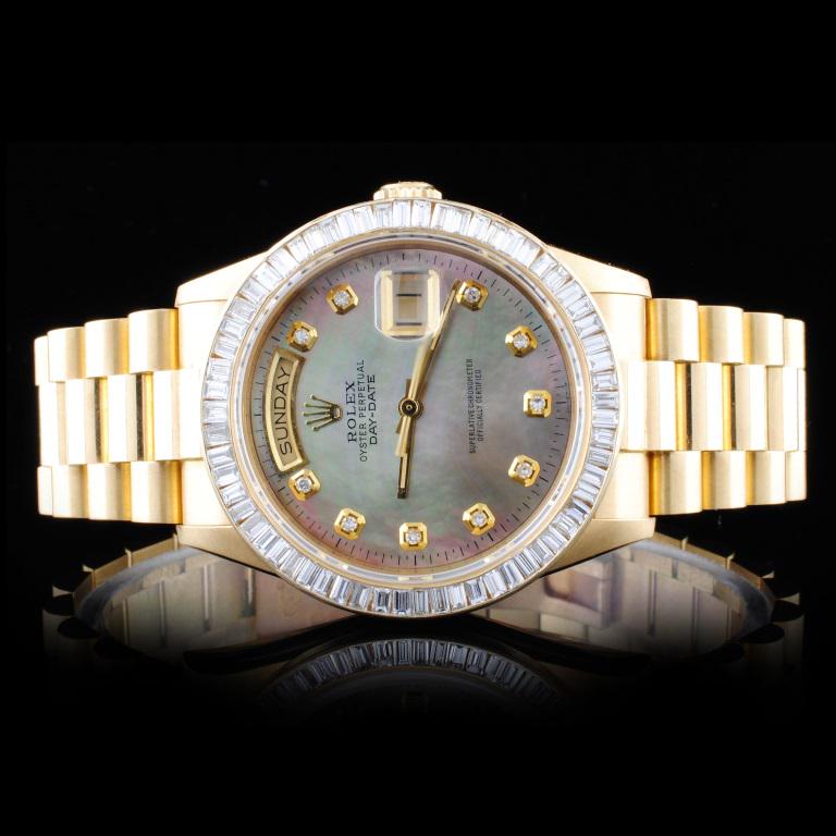 Rolex 18K YG Day-Date Diamond Wristwatch: Estimated Retail Replacement Value: $77,000.00 Ref: WAG56021WQ Item no.: ARX0161 Specification: Model: Oyster Perpetual Day-Date Movement: Perpetual, Self-Winding Case Material: Yellow Gold Bracelet M