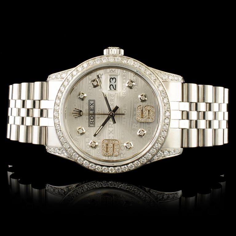 Rolex DateJust 1.50ctw Diamond 36MM Wristwatch: Ref: WAG18000 Specification: Model: DateJust Movement: Perpetual, Self Winding Function: Instantaneous Quick Set Date Case Size: 36mm Case Material: Stainless Steel & Diamond Lugs (*Custom Set) Bracel