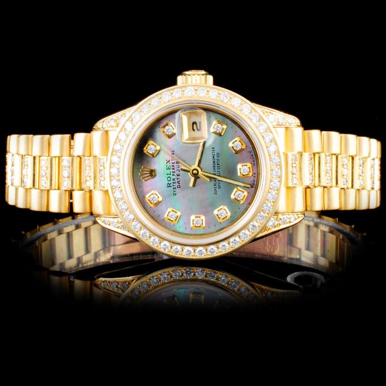 Rolex 18K YG Presidential Ladies Diamond Watch: Estimated Retail Replacement Value: $28,550.00 Ref: BAS40000 Item No.: ARA10007 Specification: Documents: Appraisal Report Model: 18K YG DateJust Oyster Perpetual â€“ Quick Set Calendar Setting W