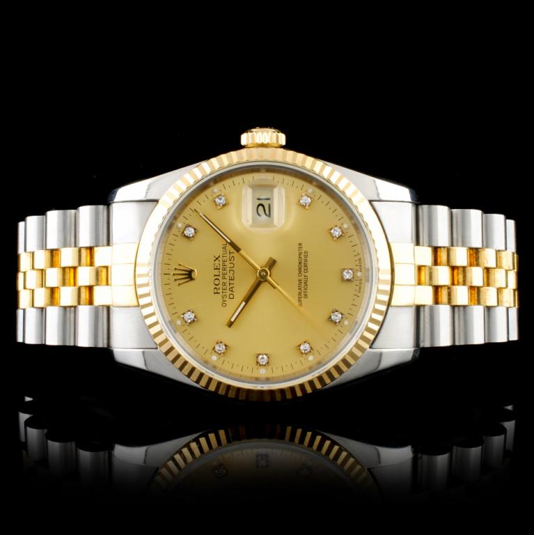 Rolex DateJust YG/SS Diamond 36MM Wristwatch: Estimated Retail Replacement Value: $14,995.00 Ref: WAG15000 Item No.: ARXAA-0026 Specification: Documents: Appraisal Report Model: DateJust Movement: Perpetual, Self Winding Function: Instantaneous Q