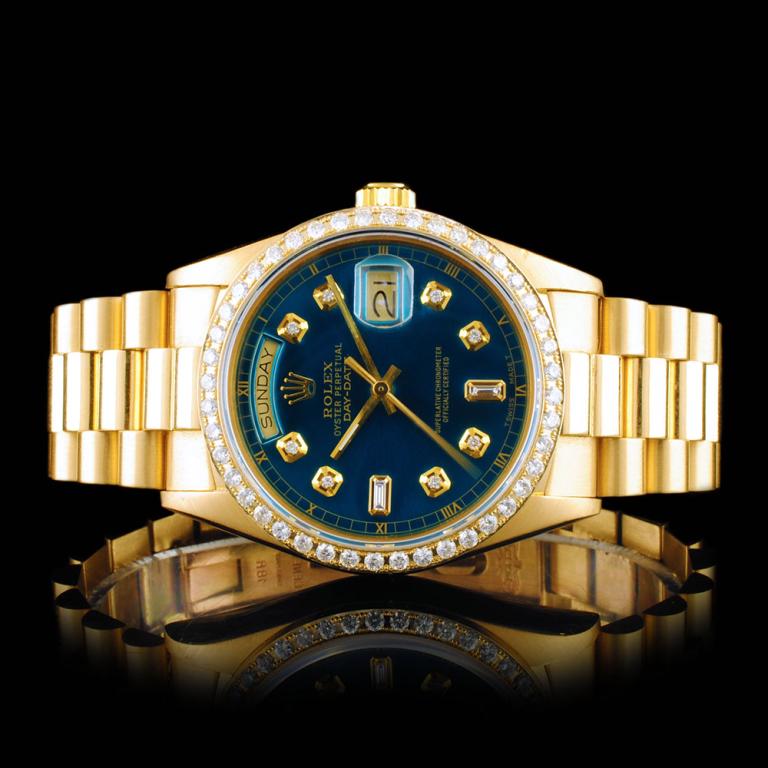 Rolex Day-Date 18K YG Diamond 36mm Wristwatch: Estimated Retail Replacement Value: $37,375.00 Ref: BAS48000 Item no.: ARXAB009 Specification: Model: Oyster Perpetual Day-Date Movement: Perpetual, Self Winding Chronometer Case Material: 18K Yellow 