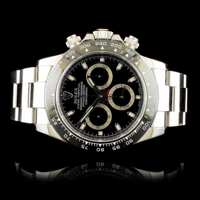 Rolex DAYTONA 116520 Ceramic Tachymeter 40MM Watch: Ref: WAG60000 Specification: Model: Daytona Cosmograph 116520 Movement: Self Winding Chronometer Function: Chronograph Case Size: 40mm Case Material: Stainless Steel Bracelet Materials: Stainless Stee