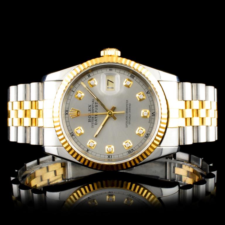 Rolex DateJust YG/SS Diamond 36MM Wristwatch: Estimated Retail Replacement Value: $12,750.00 Ref: BAS15000 Item No.: ARXAA-0004 Specification: Documents: Appraisal Report Model: DateJust Movement: Perpetual, Self Winding Function: Instantaneous Q