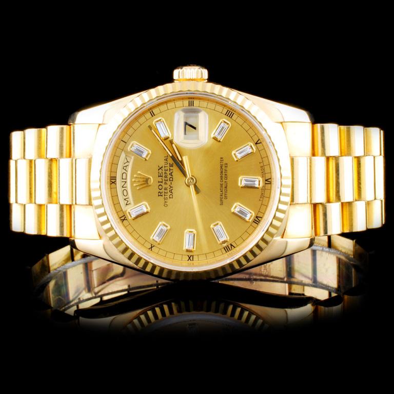 Rolex 18K YG Day-Date Presidential Wristwatch: Estimated Retail Replacement Value: $38,500.00 Ref: BAS44000 Item no.: ARXM018 Specification: Model: Oyster Perpetual Day-Date Movement: Perpetual, Self Winding Chronometer Case Material: 18K Yellow G