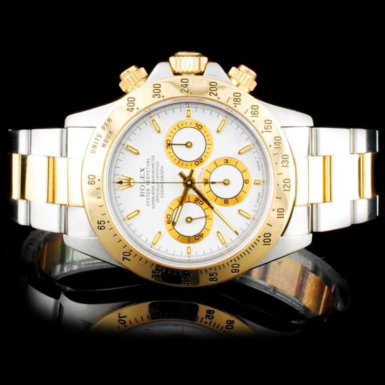 Rolex TwoTone Daytona Zenith Wristwatch: Estimated Retail Replacement Value: $29,000.00Ref: BAS50000Item no.: ARXN018Specification:Model: Zenith Daytona Rolex WatchMovement: Perpetual, Self-winding Mechanical ChronometerCase Material: Stainl