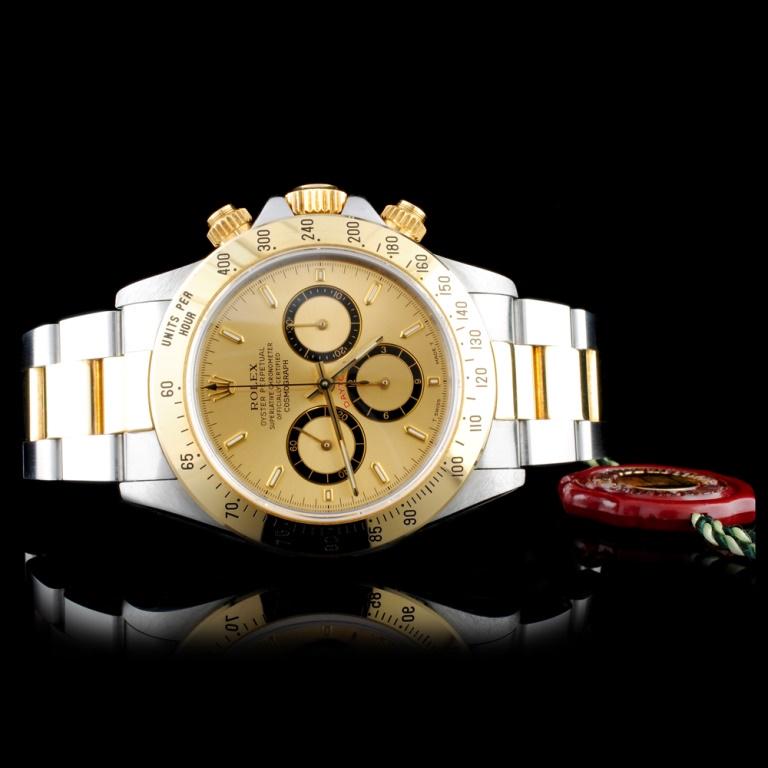 Rolex Daytona Zenith 18K & SS 40MM Wristwatch: Estimated Retail Replacement Value: $60,750.00Ref: IRA54000Item no.: ARXU-054Specification:Model: Daytona Rolex Watch, Ref; 16523Movement: Perpetual, Self-winding, Chronometer Ref; 4030 â€“ Rolex