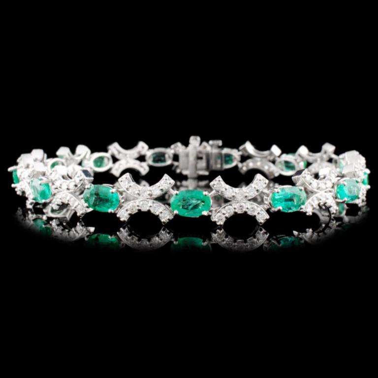 14K Gold 6.10ctw Emerald & 1.85ctw Diamond Bracele: Estimated Retail Replacement Value: $16,800.00 Ref: BAS6720 Item no.: FA2055547028-MB2803AE2 Specification: Gold Content: Solid 14K White Gold Weight of Item: 12.00 grams Size: 7.5 inches Country Made